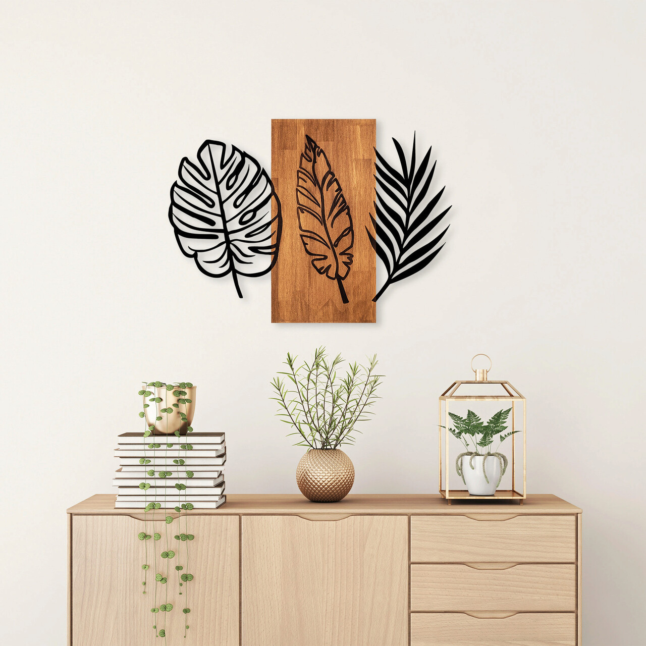 Decoratiune de perete, Triple Leaves, Dimensiune: 58 x 80 cm, Nuc / Negru - imagine 7